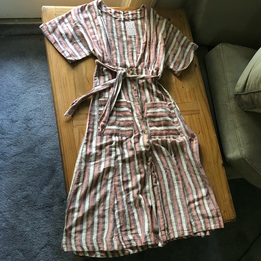 Free People Sandstone Striped Linen Dress NWT